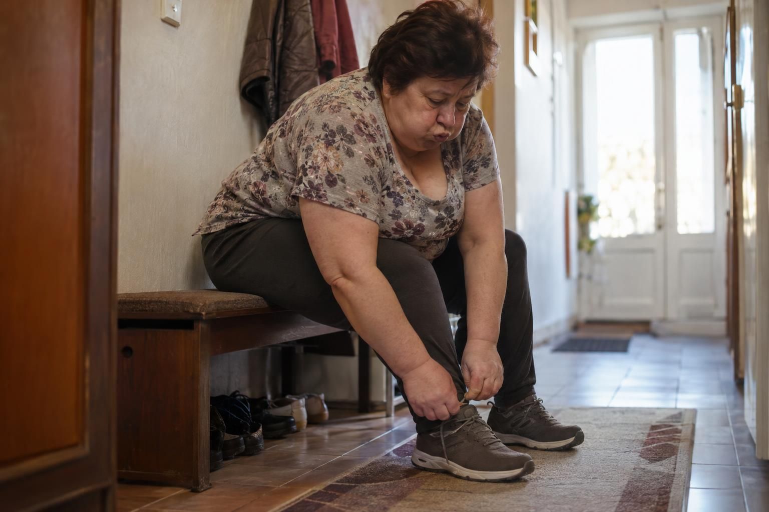 Жена около шейсетте с наднормено тегло седи на пейка в коридора и се навежда към връзките на обувката си, коремът ѝ опира в бедрата, а бузите ѝ са издути от усилието
